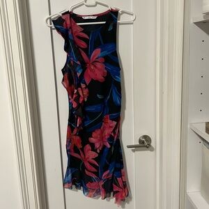 Mango Asymmetrical Ruffle Dress - Black and Pink Floral